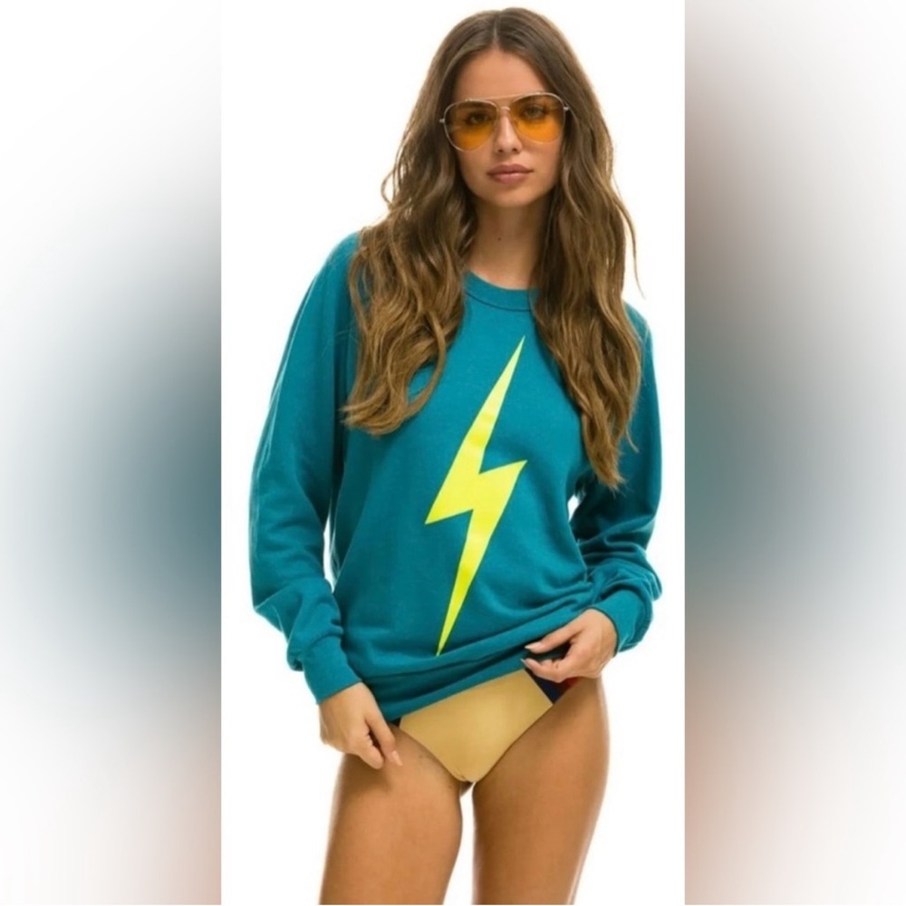 Aviator Nation Teal Sweatshirt with Yellow Lightning Bolt
